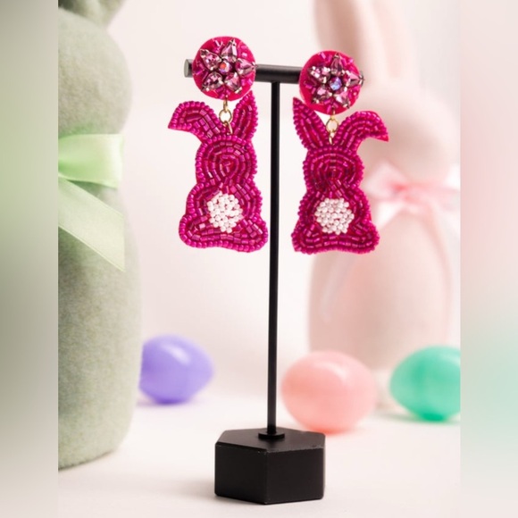 Hand Beaded Pink Bunny Earrings - Picture 2 of 7